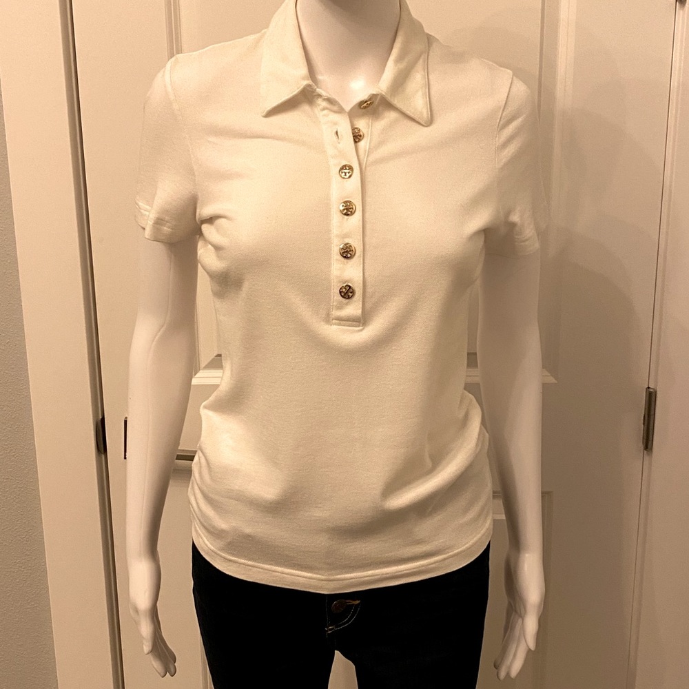 Tory Burch White Cotton Polo with Gold Button sz S